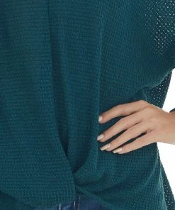 First Love Tops Teal Flowy Sleeve Waffle Knit Front Knot Top