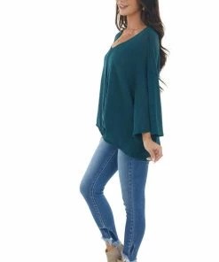 First Love Tops Teal Flowy Sleeve Waffle Knit Front Knot Top