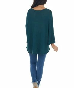 First Love Tops Teal Flowy Sleeve Waffle Knit Front Knot Top