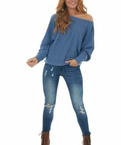 She + Sky Hazy Blue Dolman Sleeve Fleece Waffle Knit Top