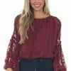 Peach Love Tops Maroon Jacquard Bubble Sleeve Cropped Blouse