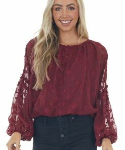 Peach Love Tops Maroon Jacquard Bubble Sleeve Cropped Blouse