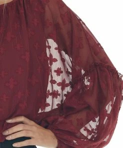 Peach Love Tops Maroon Jacquard Bubble Sleeve Cropped Blouse