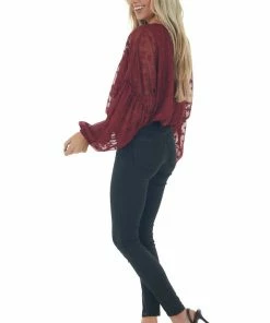 Peach Love Tops Maroon Jacquard Bubble Sleeve Cropped Blouse