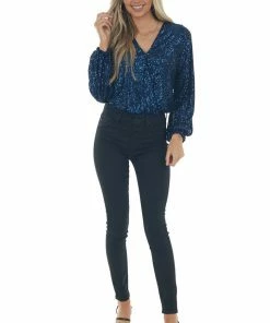 She + Sky Navy Sequined Surplice Blouson Bodysuit