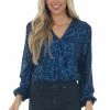 She + Sky Navy Sequined Surplice Blouson Bodysuit