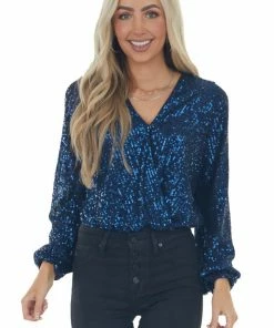 She + Sky Navy Sequined Surplice Blouson Bodysuit