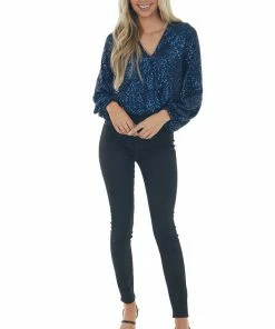 She + Sky Navy Sequined Surplice Blouson Bodysuit