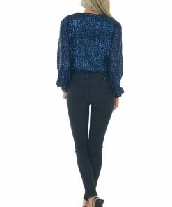 She + Sky Navy Sequined Surplice Blouson Bodysuit