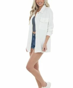 Entro Off White Button Up Long Sleeve Shacket Tops