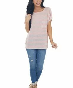 CY Fashion Tops Pale Pink Striped Loose Knit Top With Front Chest Pocket