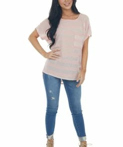 CY Fashion Tops Pale Pink Striped Loose Knit Top With Front Chest Pocket