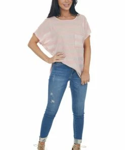 CY Fashion Tops Pale Pink Striped Loose Knit Top With Front Chest Pocket