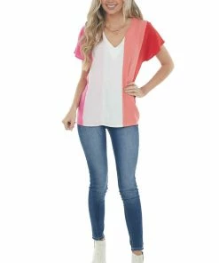 Entro Tops Blush Colorblock Short Sleeve V Neck Woven Top