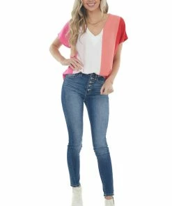 Entro Tops Blush Colorblock Short Sleeve V Neck Woven Top