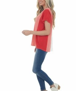 Entro Tops Blush Colorblock Short Sleeve V Neck Woven Top