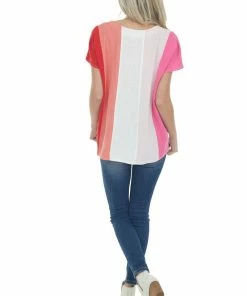 Entro Tops Blush Colorblock Short Sleeve V Neck Woven Top