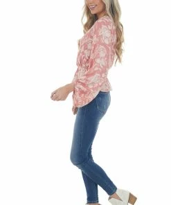 Peach Love Watermelon Floral Print Surplice Peplum Blouse