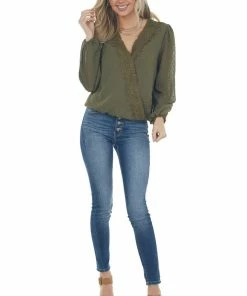 Miss Sparkling Tops Olive Swiss Dot Bubble Sleeve Woven Lace Top