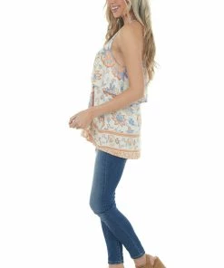 Hayden Tops Coconut Floral Print Ruffle Overlay Tank Top