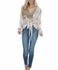 Entro Kimonos Latte Printed Front Tie Woven Kimono