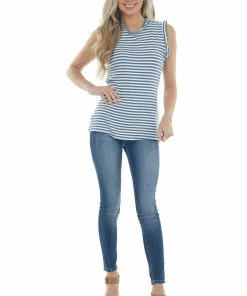 Hayden Steel Blue Striped Frill Ribbed Knit Tank Top