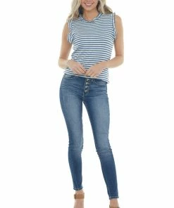 Hayden Steel Blue Striped Frill Ribbed Knit Tank Top