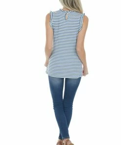 Hayden Steel Blue Striped Frill Ribbed Knit Tank Top