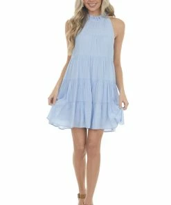 Entro Pastel Blue Halter Neck Tiered Short Dress