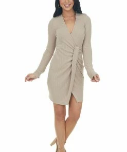 Illa Illa Dresses Oatmeal Long Sleeve Surplice Short Knit Dress