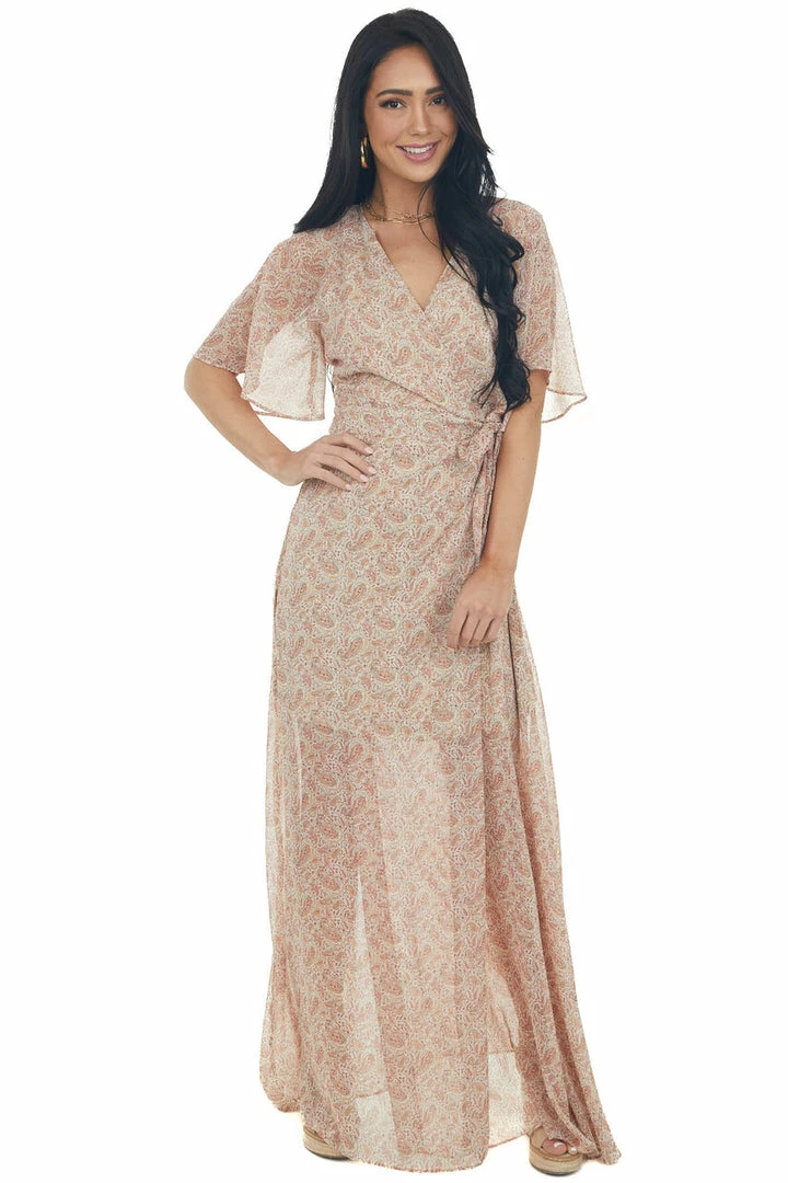 Sweet Lemon Rust Paisley Print Wrap Waist Tie Maxi Dress 3 Sweet Lemon Rust Paisley Print Wrap Waist Tie Maxi Dress