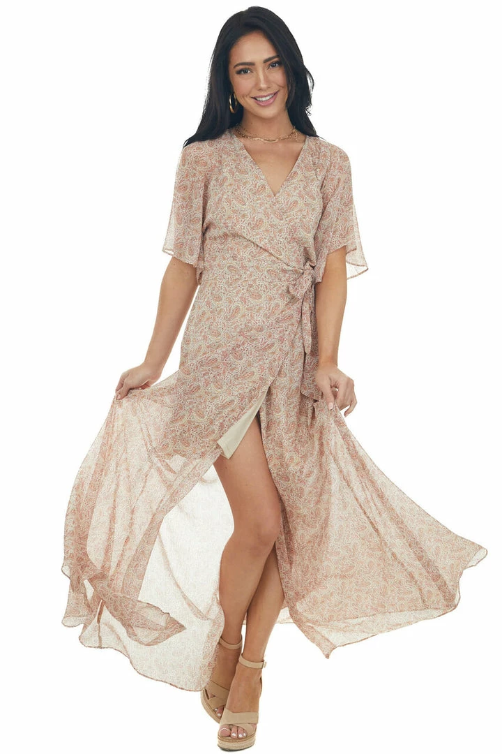Sweet Lemon Rust Paisley Print Wrap Waist Tie Maxi Dress 6 Sweet Lemon Rust Paisley Print Wrap Waist Tie Maxi Dress