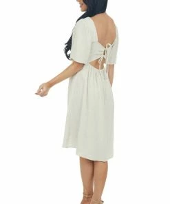 Umgee Oatmeal Smocked Flutter Sleeve Linen Dress