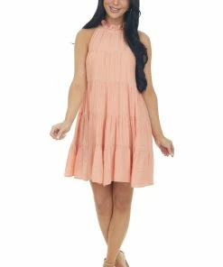 Entro Dresses Rich Peach Halter Neck Tiered Short Dress