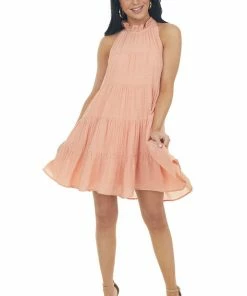 Entro Dresses Rich Peach Halter Neck Tiered Short Dress