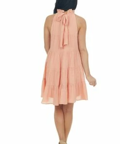 Entro Dresses Rich Peach Halter Neck Tiered Short Dress