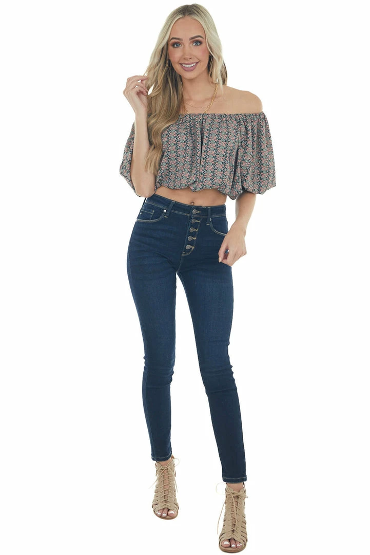 Entro Black Ditsy Floral Print Boat Neck Crop Top Tops 5 Entro Black Ditsy Floral Print Boat Neck Crop Top Tops