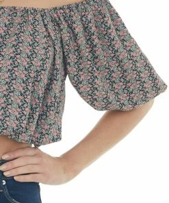 Entro Black Ditsy Floral Print Boat Neck Crop Top Tops 28 Entro Black Ditsy Floral Print Boat Neck Crop Top Tops