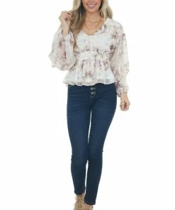 Entro Ivory Abstract Print Bubble Sleeve Blouse Tops