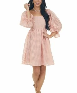 Entro Dresses Peach Sheer Checkered Pattern Short Dress