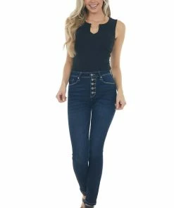 Entro Black Ribbed Knit Notch Neck Bodysuit Tops