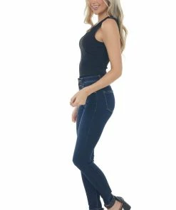 Entro Black Ribbed Knit Notch Neck Bodysuit Tops