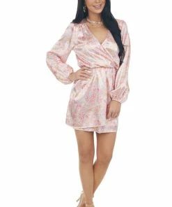 Peach Love Blush Paisley Surplice V Neck Satin Dress Dresses 22 Peach Love Blush Paisley Surplice V Neck Satin Dress Dresses