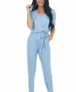 NAKED ZEBRA Dresses Powder Surplice Woven Short Sleeve Jumpsuit