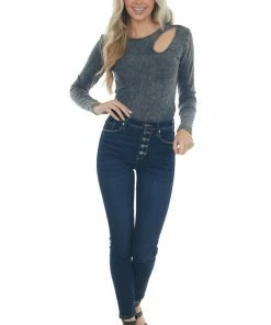 LE LIS Tops Charcoal Stone Washed Front Cutout Bodysuit