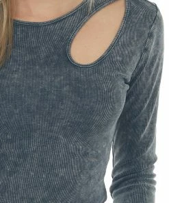 LE LIS Tops Charcoal Stone Washed Front Cutout Bodysuit 25 LE LIS Tops Charcoal Stone Washed Front Cutout Bodysuit