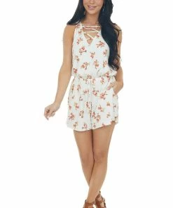 CY Fashion Dresses Vanilla Floral Print Criss Cross V Neck Romper