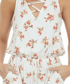 CY Fashion Dresses Vanilla Floral Print Criss Cross V Neck Romper