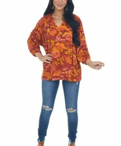 Entro Tops Cinnamon Floral Print Peasant Style Blouse