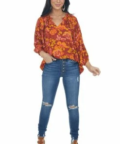 Entro Tops Cinnamon Floral Print Peasant Style Blouse